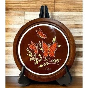 Vtg La Brasserie Saltera Tile Himark Trivet Brown Orange Copper Wood Butterfly